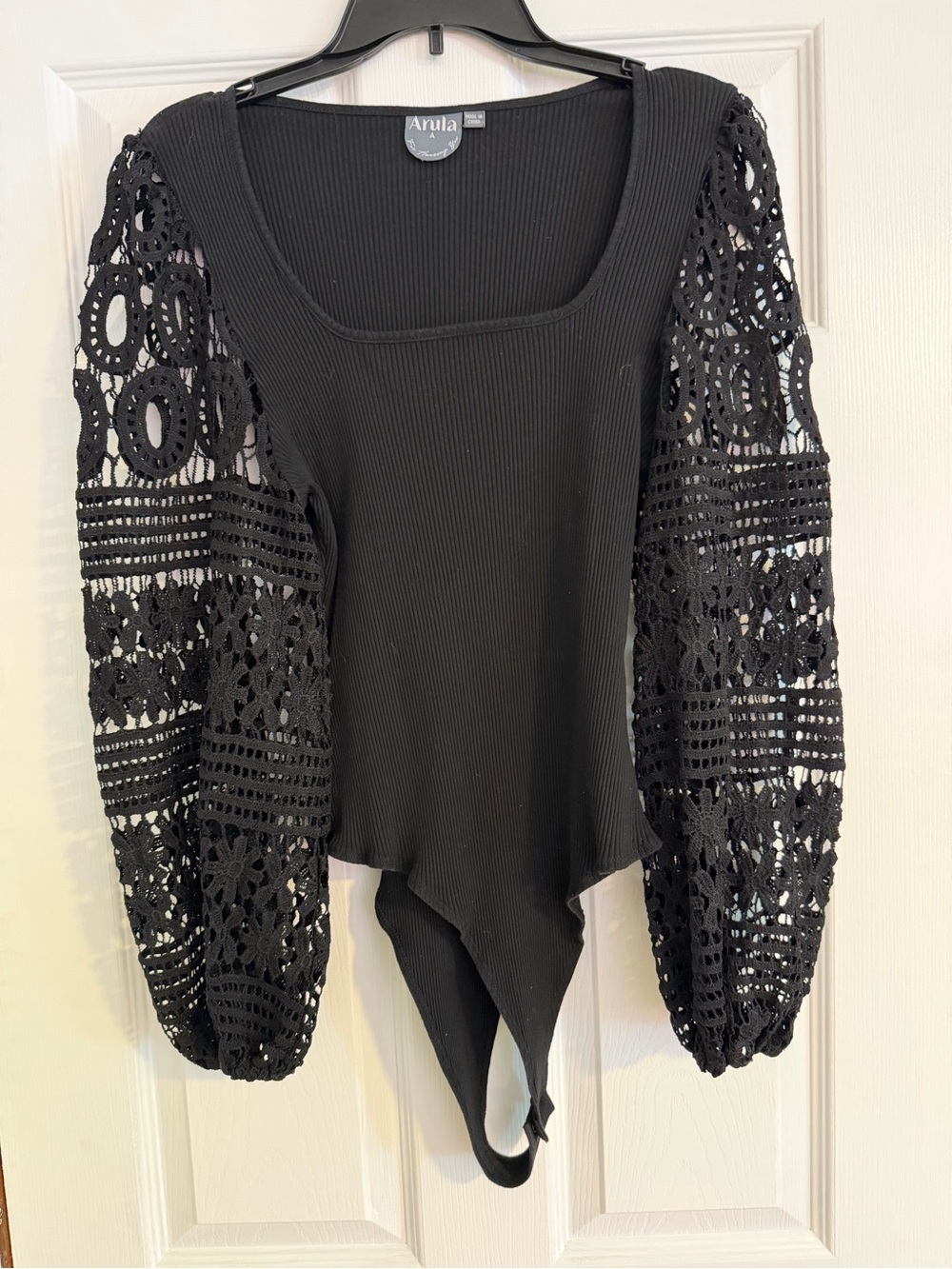 ARULA Black Ribbed Bodysuit with Crochet Balloon Sleeves